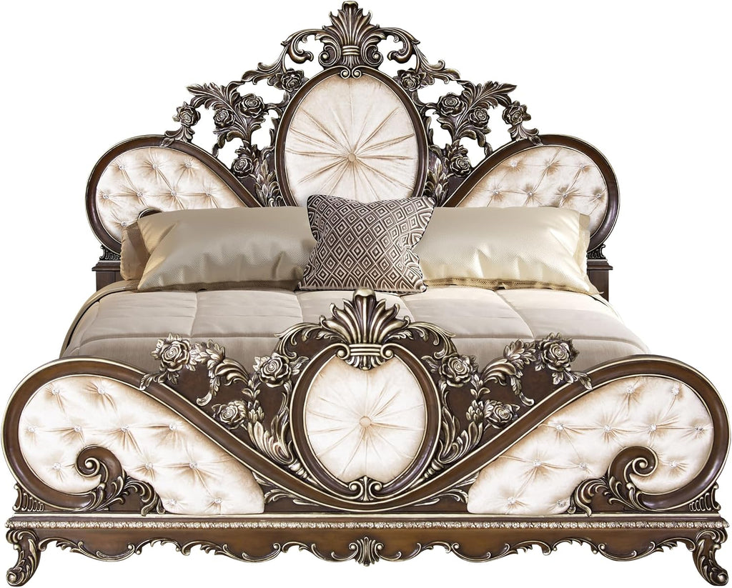 Acme Devany Wood & Fabric Upholstered Eastern King Bed in Cream and Cherry