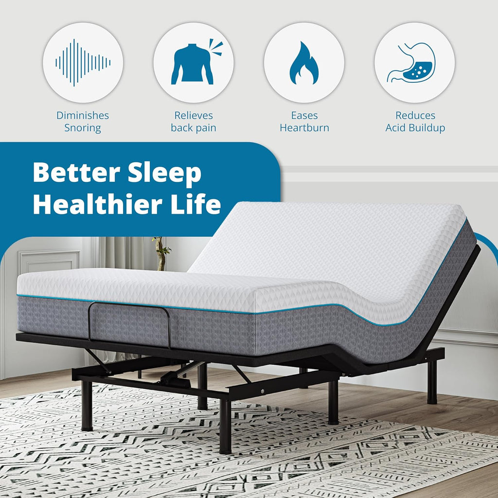 EGOHOME Split King Adjustable Bed Frame and 14 inch Charcoal Gel Memory Foam Mattress Set, Metal Foldable Bed Base with Remote, Independent Head and Foot Incline, Zero Gravity Mode, Easy Assembly