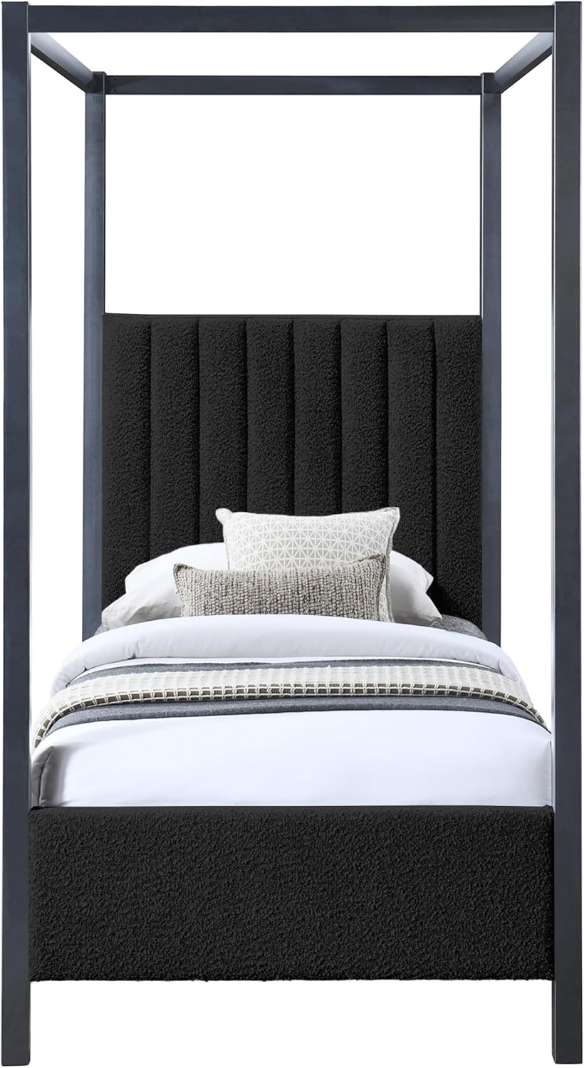Meridian Furniture KellyBlack-T Kelly Collection Modern | Contemporary Twin Bed with Rich Black Boucle Fabric, Matte Black Iron Metal Frame Canopy, 41' W x 80' D x 77' H, Black, Twin