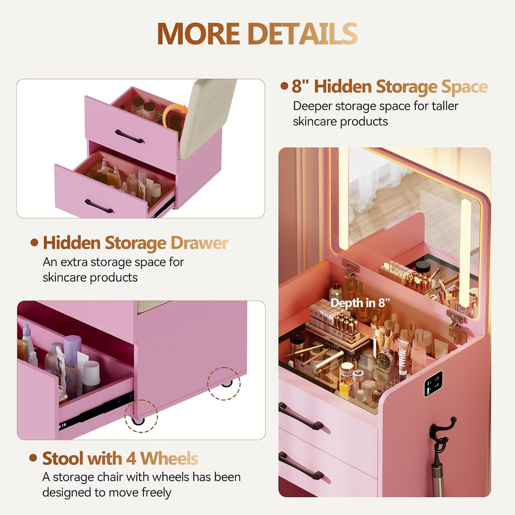 3 in 1 Vanity Desk with Flip up Mirror and Lights, Glass Top Makeup Vanity Table with Charging Station,LED Compact Dressing Table with 3 Drawer and Wheel Storage Stool for Bedroom(Pink)