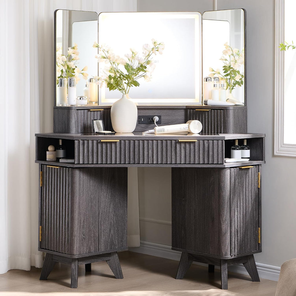 T4TREAM Fluted Makeup Vanity Desk with 3 Way Mirror and Lights, 48' Large Corner Vanity Table with Glass Top, Charging Station, 3 Drawers, Storage Cabinets & Shelves, for Bedroom, Dark Alder
