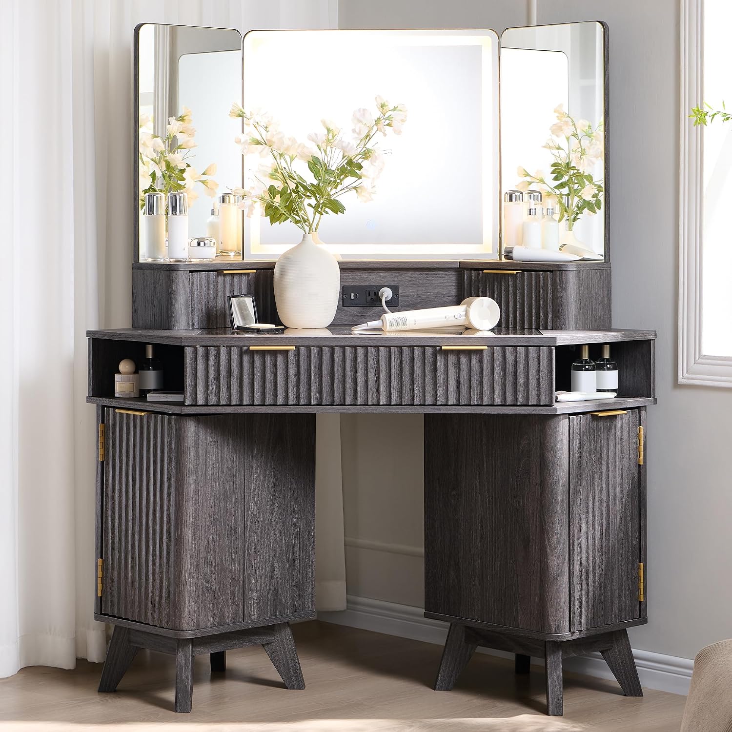 T4TREAM Fluted Makeup Vanity Desk with 3 Way Mirror and Lights, 48' Large Corner Vanity Table with Glass Top, Charging Station, 3 Drawers, Storage Cabinets & Shelves, for Bedroom, Dark Alder