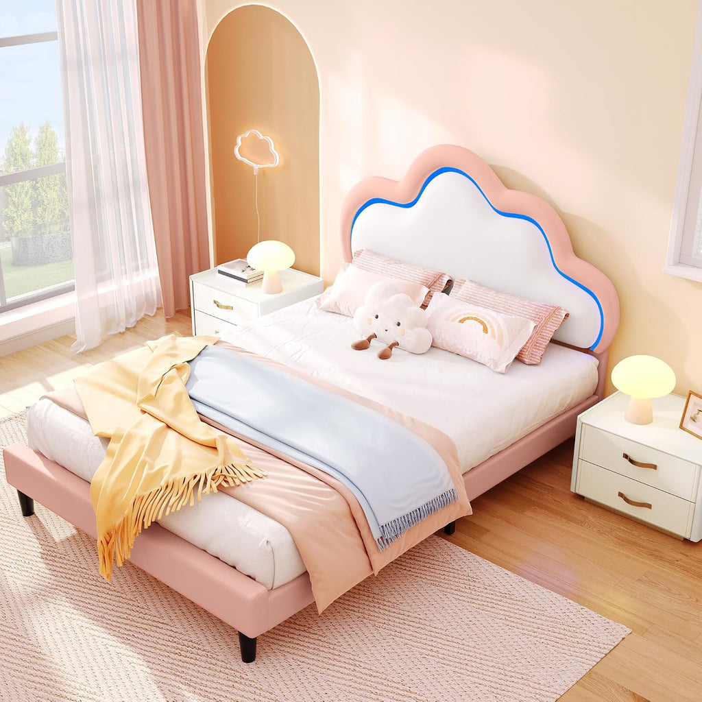 YITAHOME Twin Size Bed Frame, LED Bed with PU Faux Leather Adjustable Cloud Headboard, Platform Upholstered Bed Frame with Wooden Slats Support, No Box Spring Required, Easy Assembly, Pink