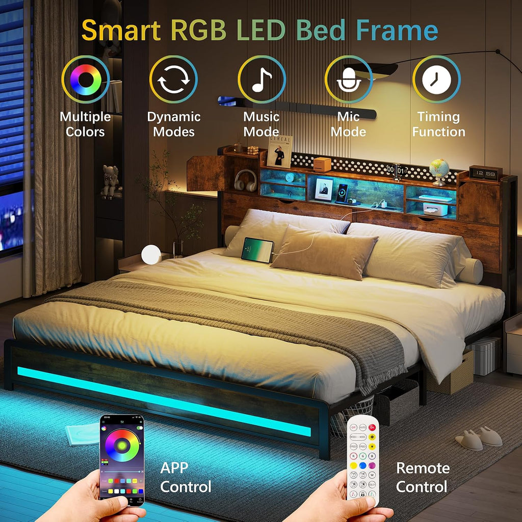 CSZZD King Size Bed Frame and Storage Headboard, LED Bed Frame with USB Charging Station, Metal Platform Bed Frame King with Hidden Storage Space, No Box Spring Needed