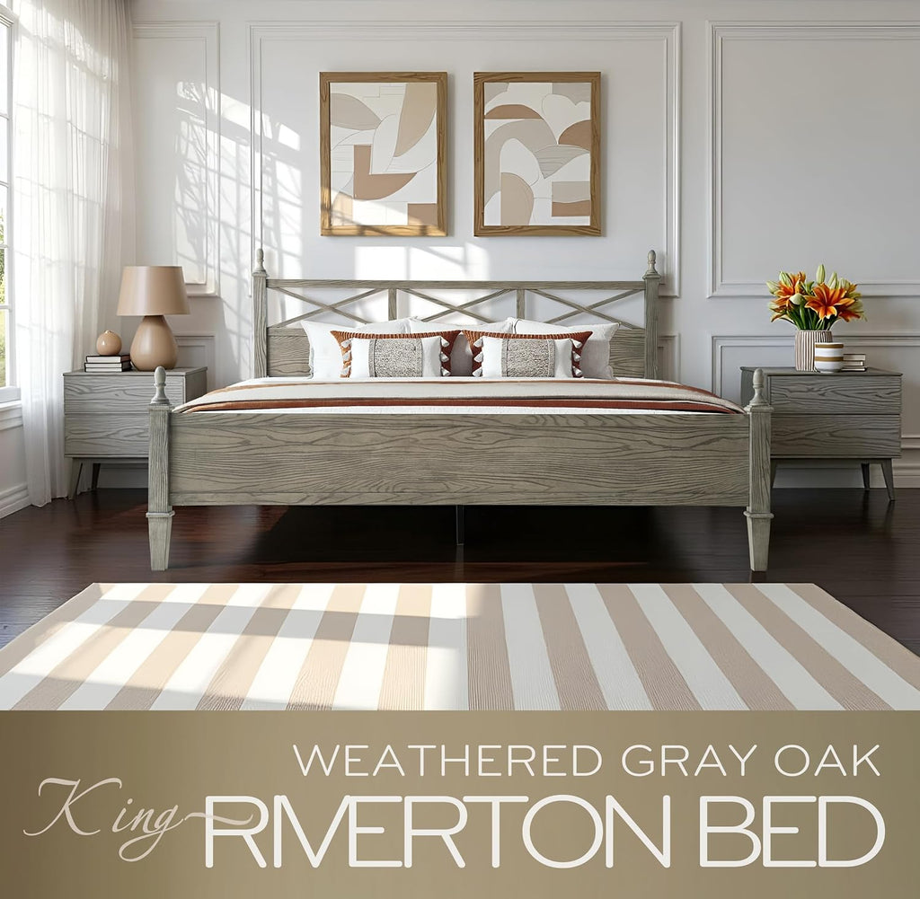 King Size Platform Bed Frame with Solid Wood Headboard & Footboard, 12 Heavy-Duty Slatted, Metal Legs, Anti-Slip & Noise-Free, Easy Assembly, No Box Spring Needed, Weathered Gray Oak Finish RIK-34