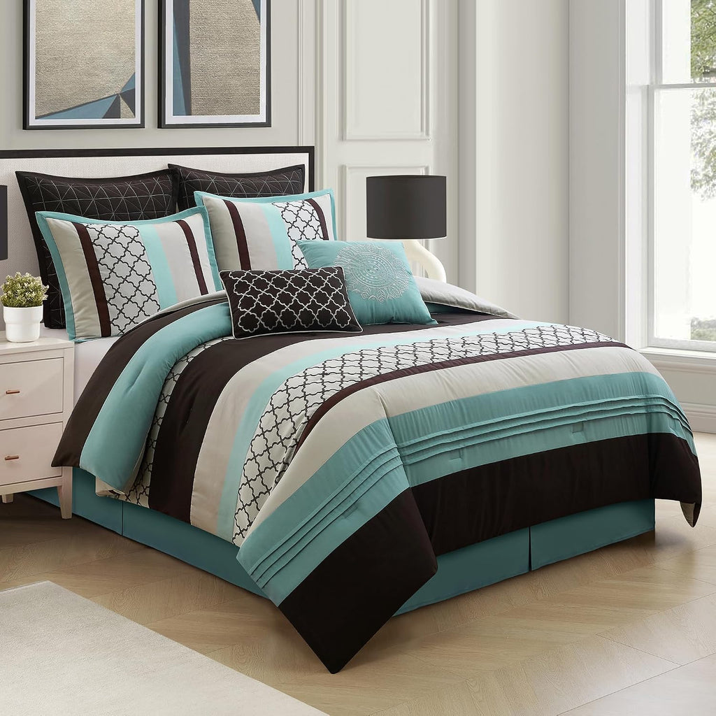 LANCO MODERN LIFESTYLE King Comforter Set, Aqua Brown Bedding Set, Jacquard Woven with Embroidery, 8 Pieces Bed in a Bag, Bed Skirt, Shams and Decorative Pillows