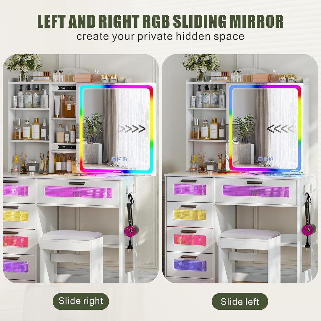 Vanity Desk with Mirror and Adjustable RGB Lights,Large 6 Drawers Makeup Table with Charging Station for Women and Girls, Bedroom or Dorm, White
