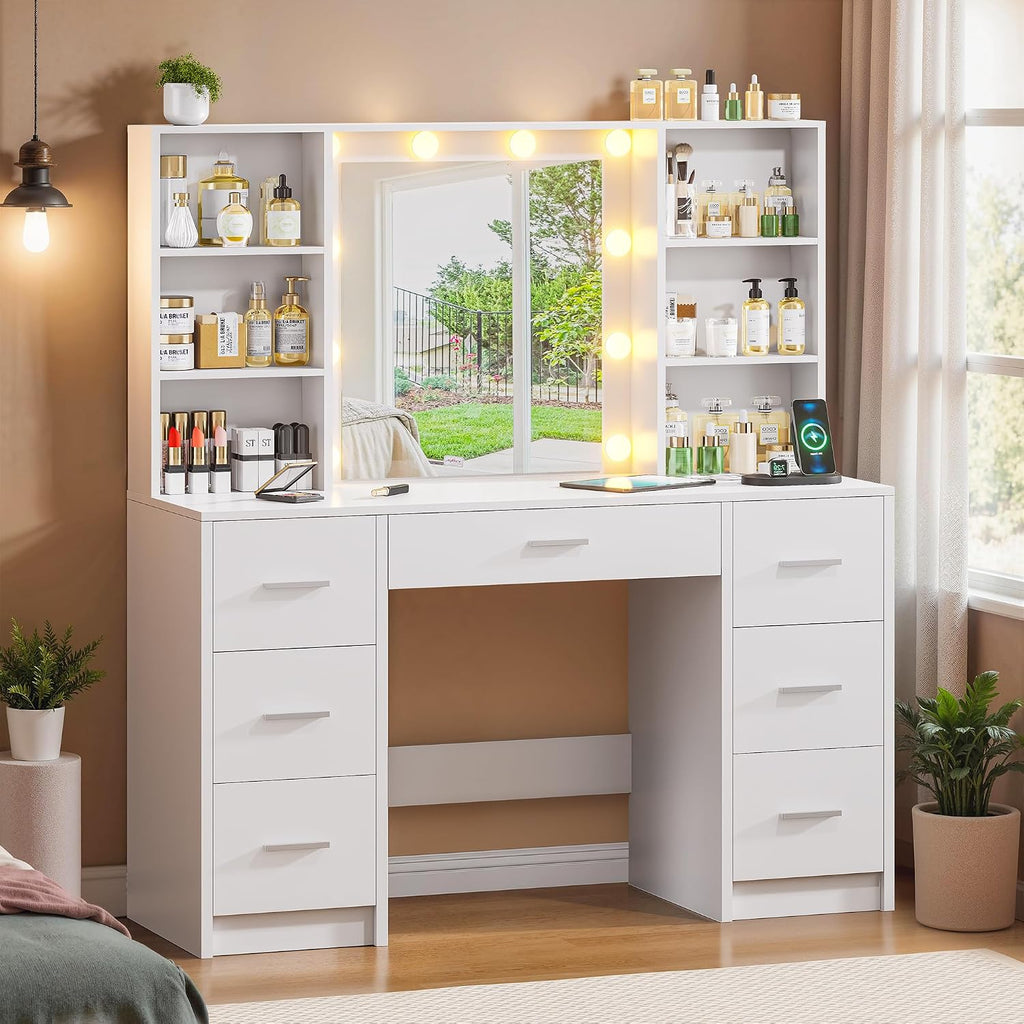 Vanity Desk with Mirror and LED Lights, Large Vanity with 7 Drawers and 6 Shelves, Make up Vanity Dressing Table with Charging Station for Girls, Women (White)