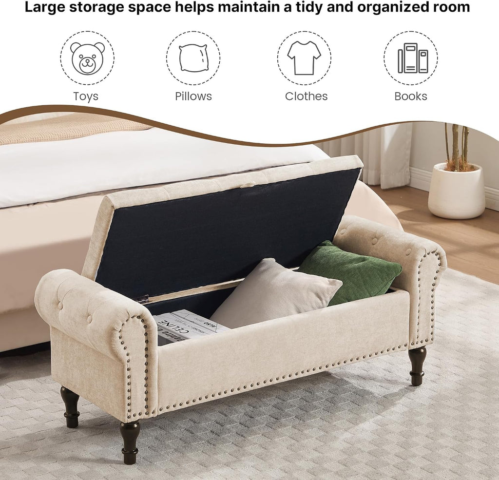 51' Storage Bench for Bedroom, Chenille End of Bed Bench, Queen Size Bench with Rolled Arms, Tufted Storage Ottoman Benches, Upholstered Bench for Bedroom, Living Room, Entryway, Camel