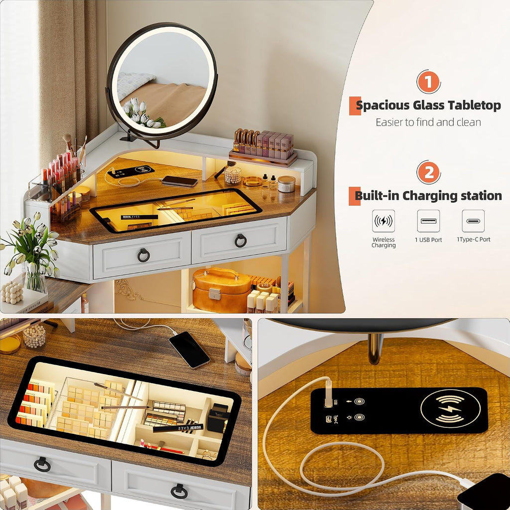 Corner Vanity Desk with Rotating Mirror and LED Lights,Makeup Table Set with Charging Station,5 Drawers & Shelves,Modern Dressing Table with Glass Top for Bedroom, Birthday Gift(White)