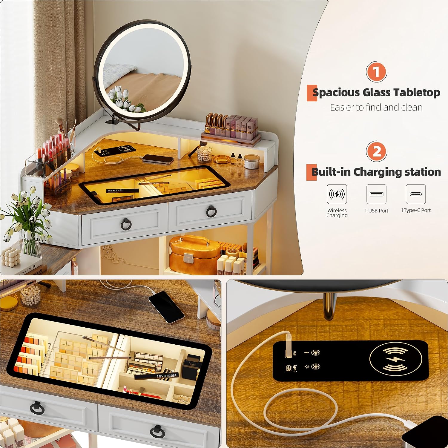 Corner Vanity Desk with Rotating Mirror and LED Lights,Makeup Table Set with Charging Station,5 Drawers & Shelves,Modern Dressing Table with Glass Top for Bedroom, Birthday Gift(White)