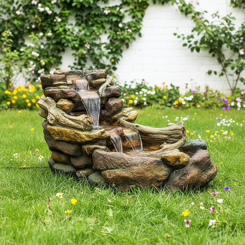 Naturefalls 39' Length Outdoor Rock Water Fountain with LED Lights - 3-Tiers Poly-Resin Cascading Waterfall Fountain for Garden, Patio, Yard, Home Decor