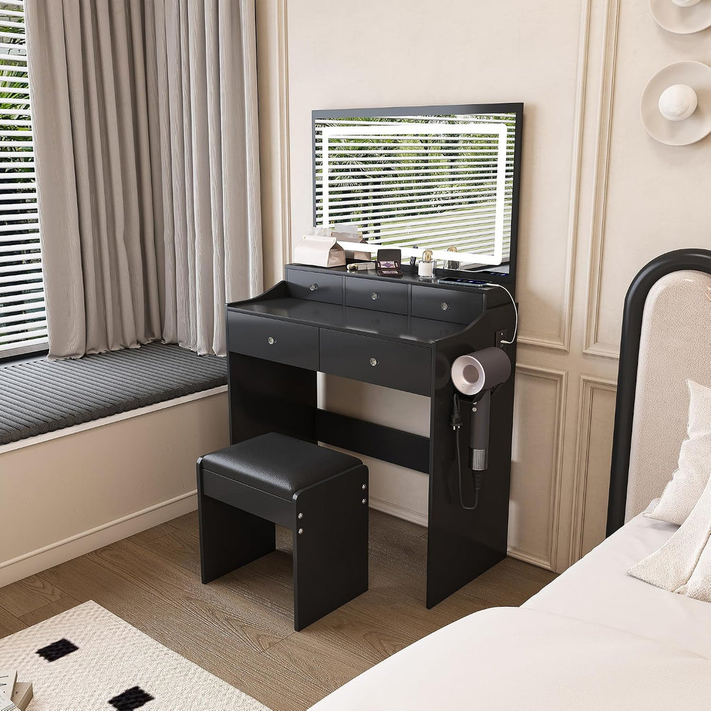Vanity Desk with Large Mirror and Stool, Makeup Table with LED Lighted - 3 Color Models, Makeup Desk with 5 Drawers & Power Outlet, Dressing Makeup Table for Women Girls Bedroom, Black