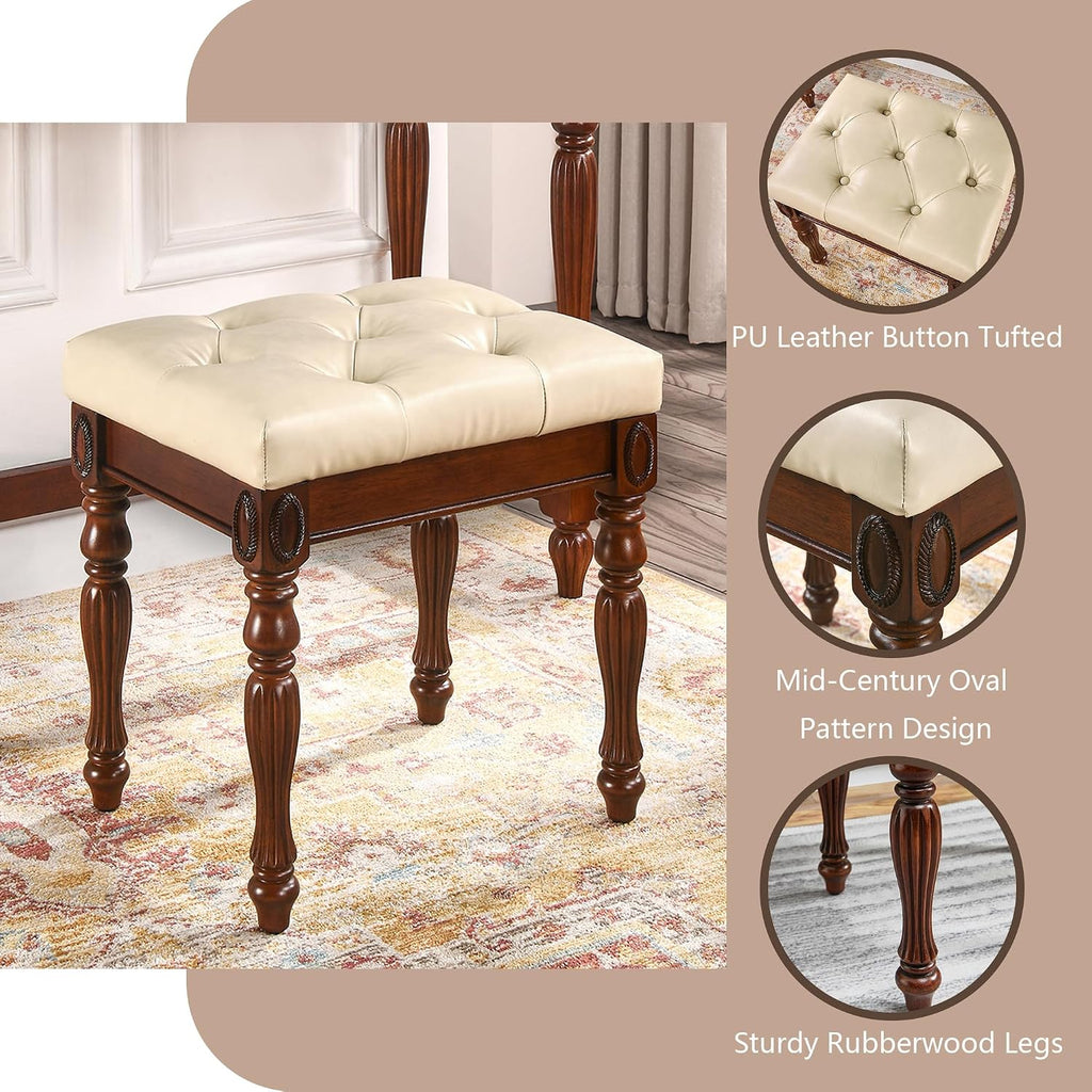 Solid Wood Makeup Vanity Table Set, 31.5' Wide Dressing Vanity Table with 2 Drawers and Vanity Bench Stool Writing Desk with Solid Wood Legs & Button Tufted Cushioned Stool, Cherry&Beige