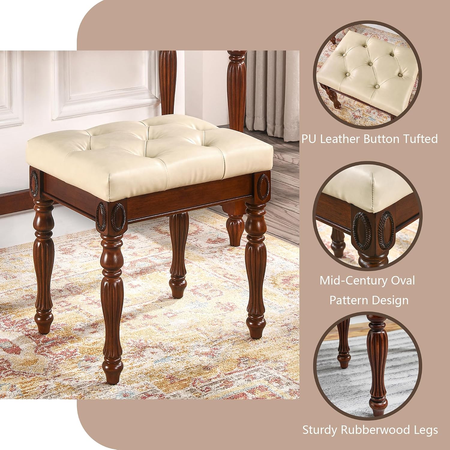 Solid Wood Makeup Vanity Table Set, 31.5' Wide Dressing Vanity Table with 2 Drawers and Vanity Bench Stool Writing Desk with Solid Wood Legs & Button Tufted Cushioned Stool, Cherry&Beige