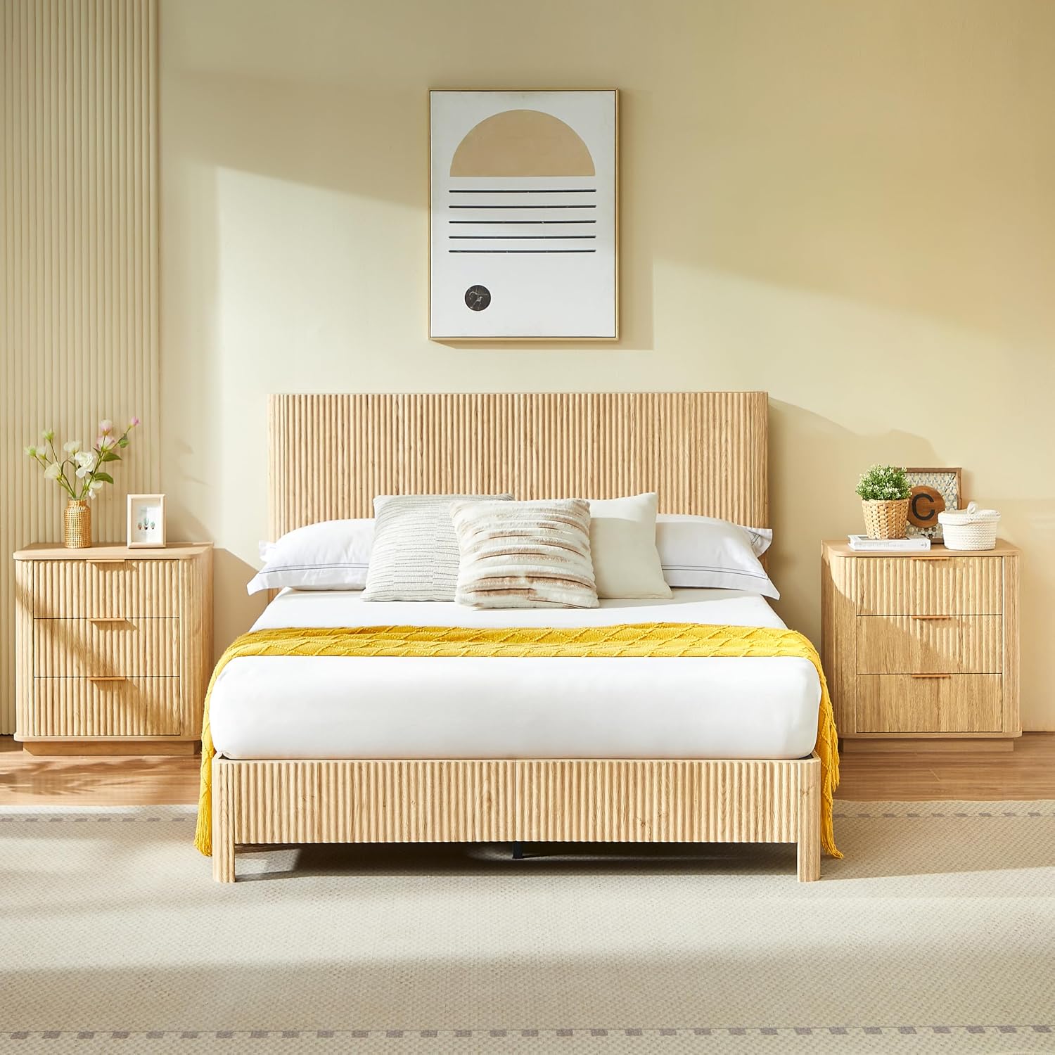 Queen Size Wood Bed Frame with Headboard, Modern Retro Oak Platform Beds Frames, Mid Century Rustic Wooden Bedroom Floor-BedFrame, No Box Spring Needed, Easy Assembly (Oak, Queen, Metal Base)