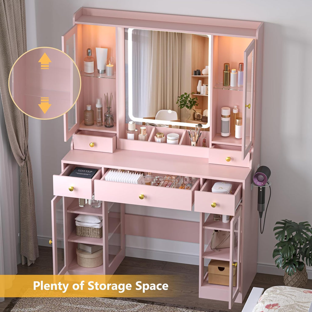 Wodeer Makeup Vanity Desk with Mirror and Lights, 41' Pink Vanity Set with 5 Drawers & 4 Glass Cabinets, Power Outlet & Adjustable LED Lights, Dressing Table for Women & Girls Bedroom