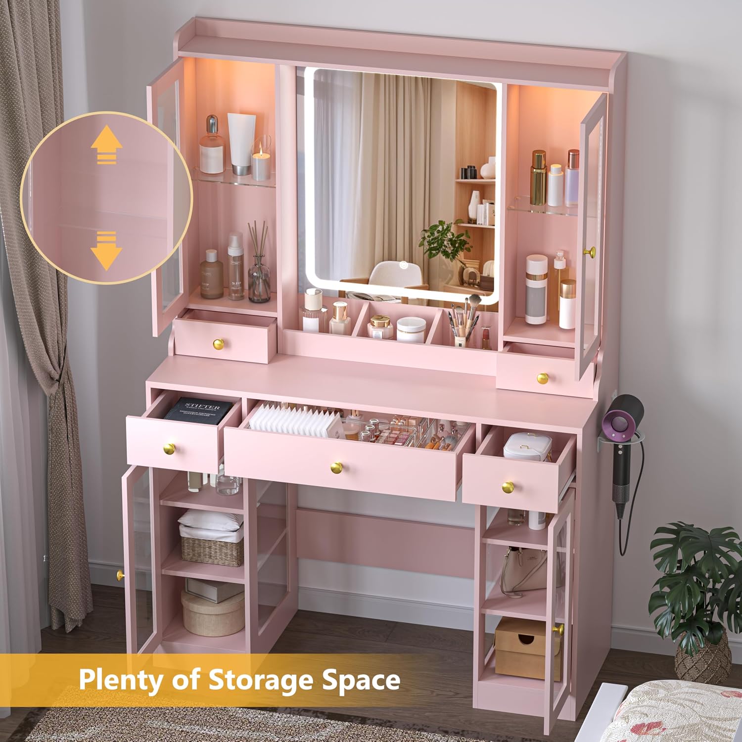 Wodeer Makeup Vanity Desk with Mirror and Lights, 41' Pink Vanity Set with 5 Drawers & 4 Glass Cabinets, Power Outlet & Adjustable LED Lights, Dressing Table for Women & Girls Bedroom