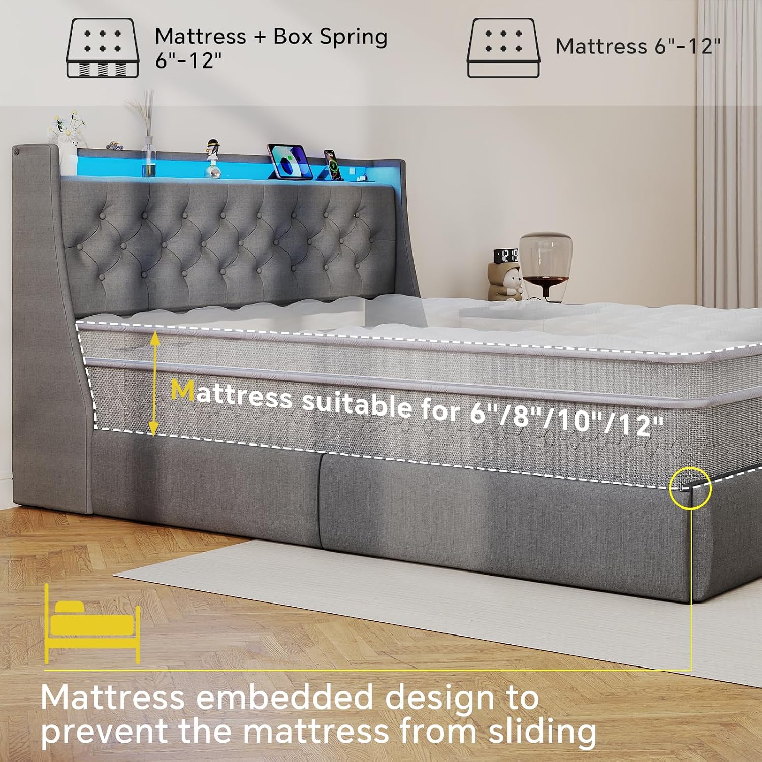 SADENICEL Queen Bed Frame with Storage Headboard and 4 Drawer, Metal Platform Bed Frame Queen Size with LED Light, Charging Station, No Box Spring Needed, Noise Free, Easy Assembly, Grey