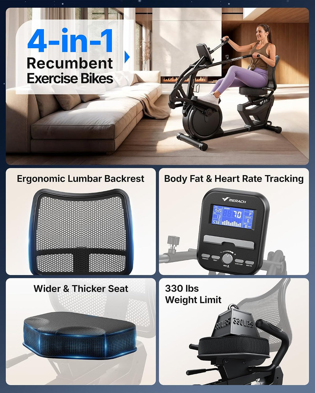 MERACH Recumbent Exercise Bikes for home, Light Commercial High-end Recumbent Bike for Seniors Adults, Magnetic Recumbent Exercise Bike with Smart Bluetooth and Exclusive App, LCD, Heart Rate Handle