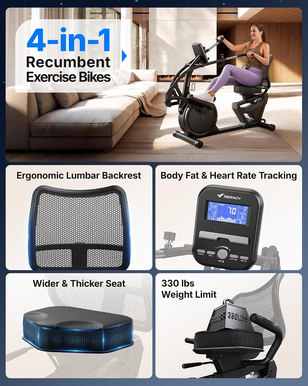 MERACH Recumbent Exercise Bikes for home, Light Commercial High-end Recumbent Bike for Seniors Adults, Magnetic Recumbent Exercise Bike with Smart Bluetooth and Exclusive App, LCD, Heart Rate Handle