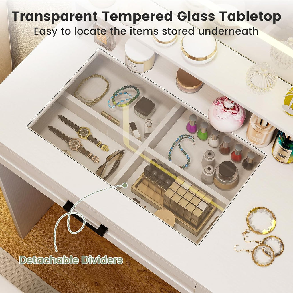 CHARMAID Vanity Desk with Mirror and Lights, Glass Top Makeup Vanity Table with Charging Station, Drawers & Shelves, Storage Stool, 3-Color Lighted Mirror, Modern White Dressing Table for Bedroom