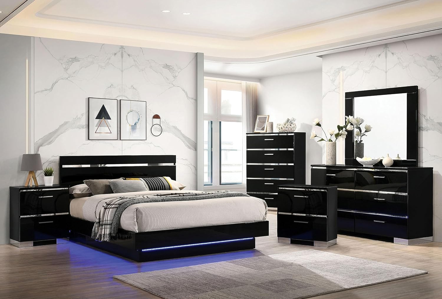 Furniture of America Alexandria Glam Wood 6-Piece Bedroom Set with Embedded LED Light, USB Charger, Felt-Lined Top Drawers, No Box Spring Required for Bedroom, Guest Room Bed, Queen, Black, Chrome