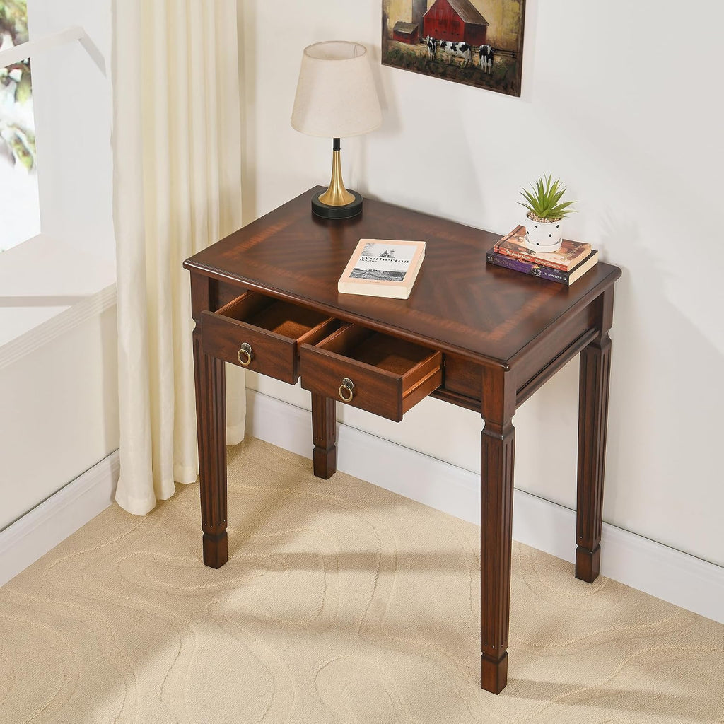 Solid Wood Makeup Vanity Table Set, 31.5' Wide Dressing Vanity Table with 2 Drawers and Vanity Bench Stool Writing Desk with Solid Wood Legs & Button Tufted Cushioned Stool, Cherry&Beige