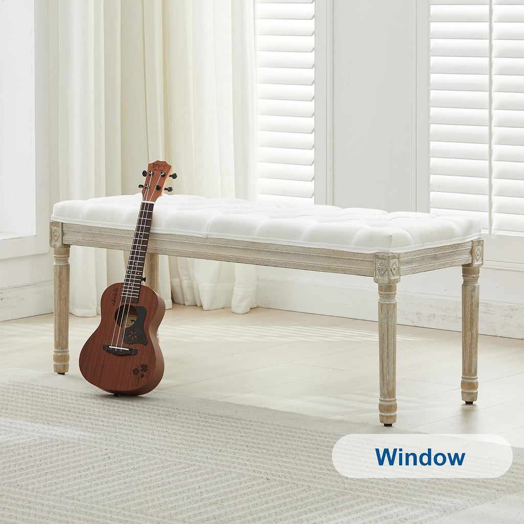 44'' Entryway Bench, Upholstered Button End of Bed Bench, Vintage Bench with Carving Pattern Wood Legs, Vanity Foot-Stool, White