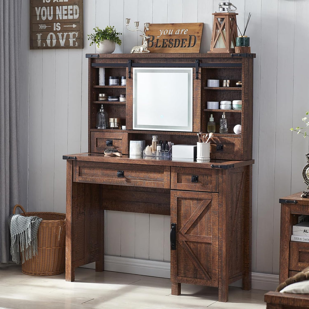 T4TREAM Farmhouse Makeup Vanity Desk with Sliding Mirror and Lights, 42'' Glass Tabletop Vanity Table with 2 Drawers & Shelves, Rustic Large Vanity Set for Bedroom, Reclaimed Barnwood