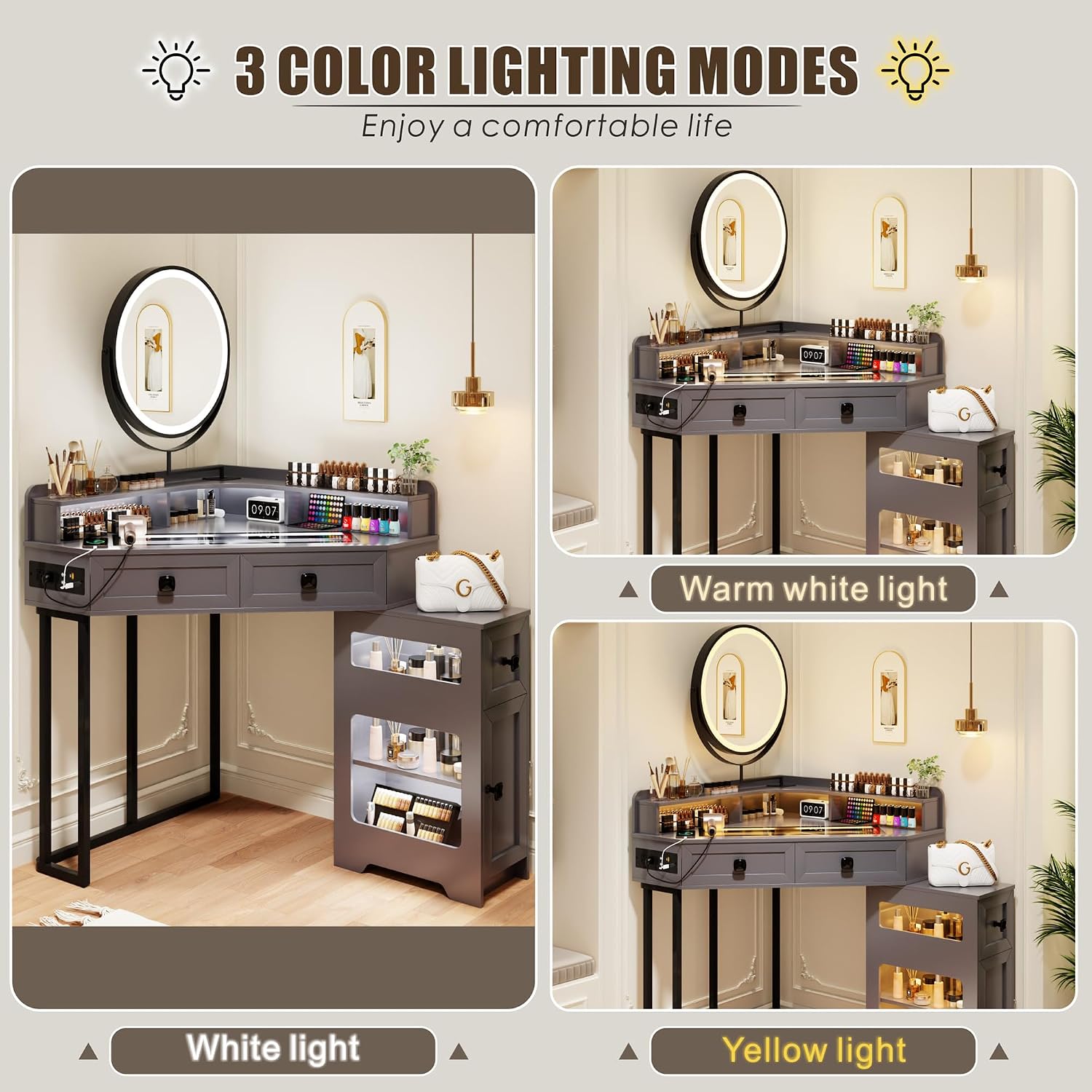 FREDEES Makeup Vanity with Mirror and Lights, Corner Vanity Table with Charging Station for Bedroom/Cloakroom, Glass Top Vanity Set with Drawers and Shelves, Grey