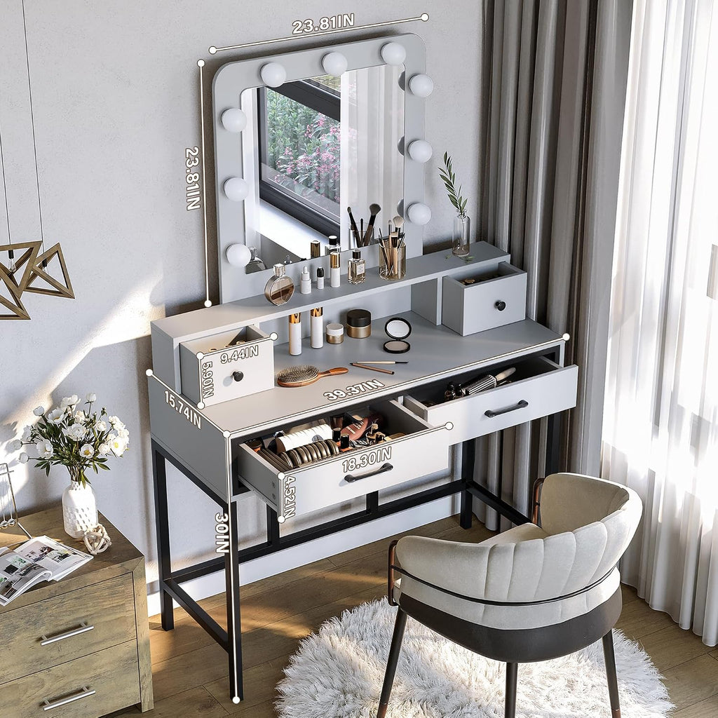 SUNVIVI Vanity, Makeup Vanity Desk with 3 Color Dimmable Lighted Hollywood Mirror, White Vanity with 4 Drawers, Large Dressing Table for Women Girls