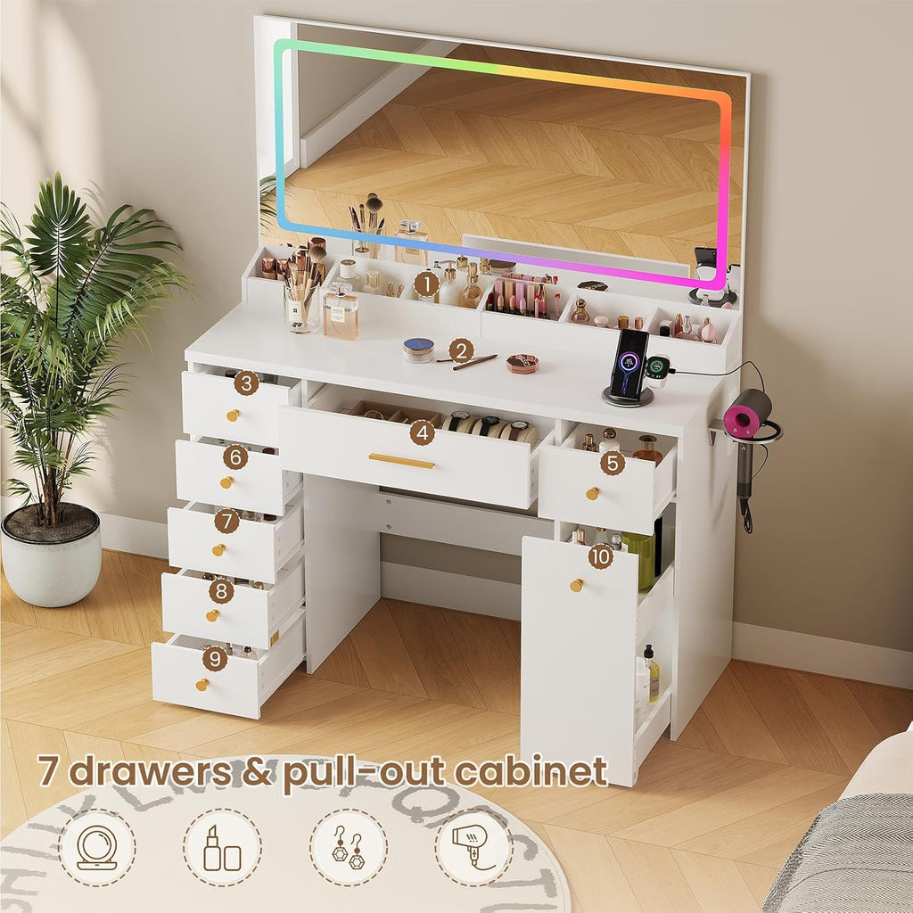 LAKEMID Makeup Vanity Desk with Large Mirror and Lights,43.3in Makeup Vanity with 7 Drawers,Modern Vanity Table with Charging Station,Adjustable RGB Lighting,Dressing Table for Bedroom Women(White)