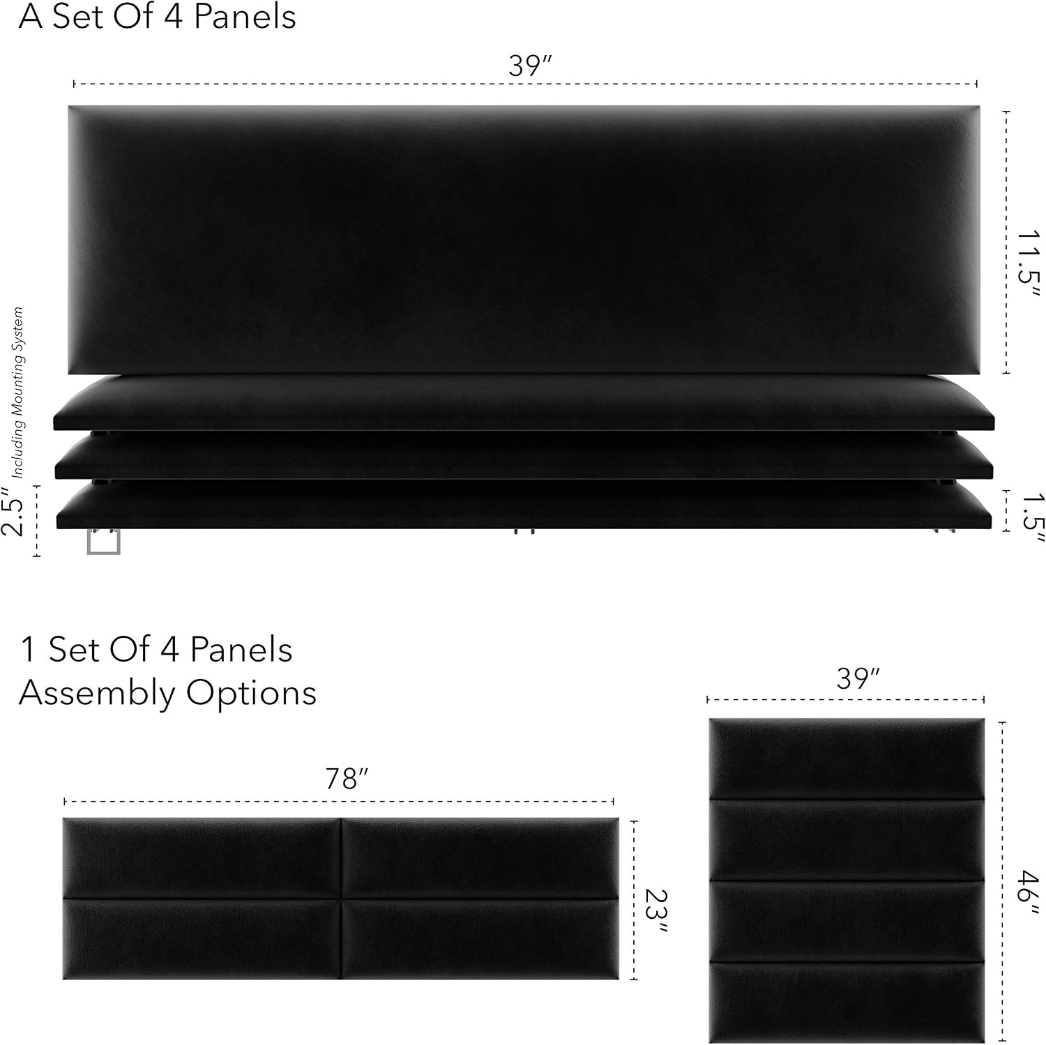 Vänt Upholstered Wall Panels - King/Cal King Size Wall Mounted Velvet Headboards - Velvet Black - Twin/King - Set of 4 Panels (Each Individual Panel 39'x11.5')