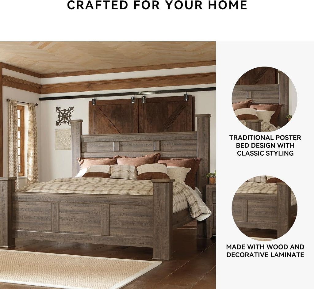 Signature Design by Ashley Juararo Casual California King Poster Bed with Metal Slats, Foundation or Box Spring Needed, Dark Brown