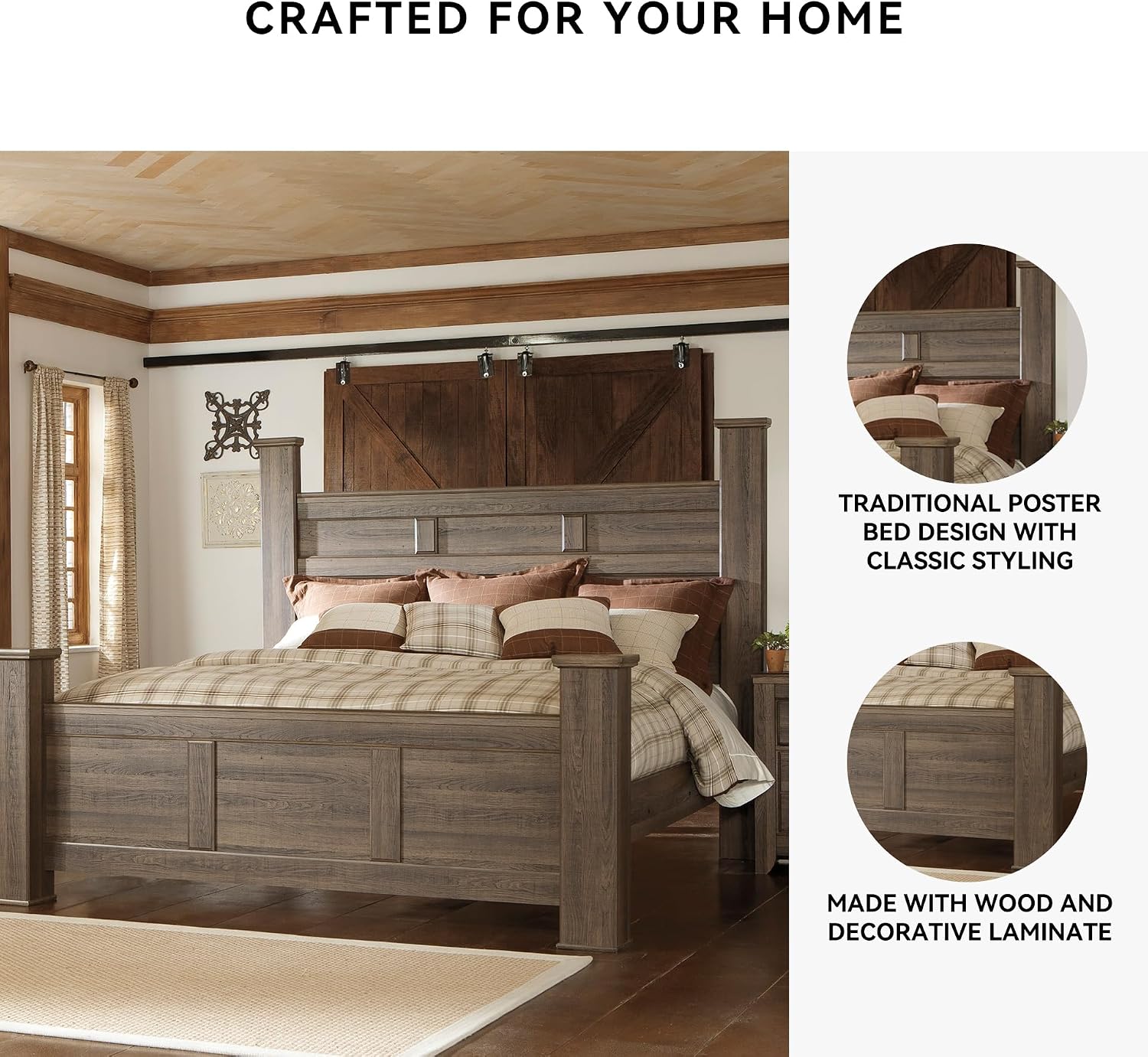 Signature Design by Ashley Juararo Casual California King Poster Bed with Metal Slats, Foundation or Box Spring Needed, Dark Brown