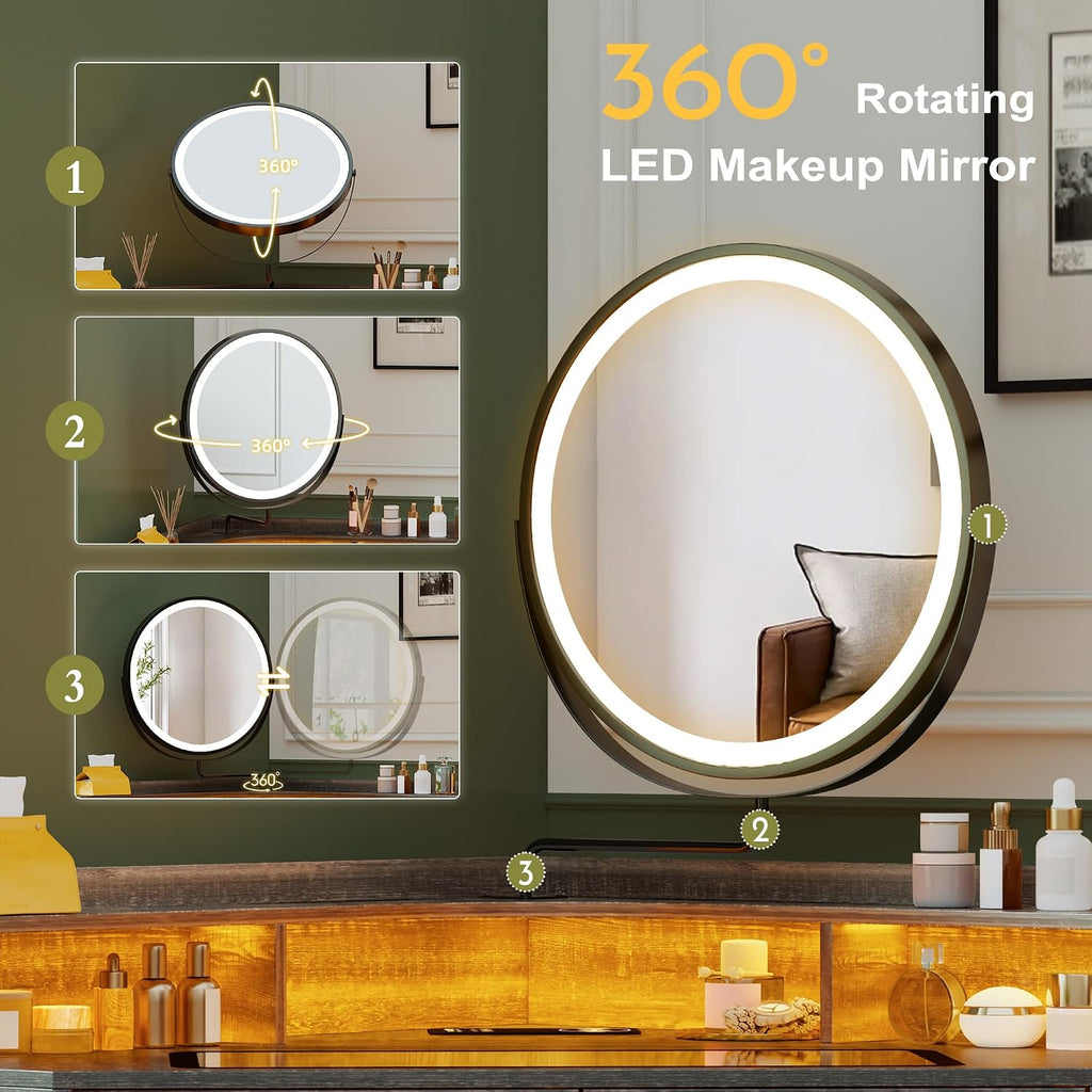 Lvifur Corner Vanity Desk with Mirror and Lights,Brown Corner Makeup Vanity with Charging Station, 3 Color Led Light Settings, 5 Drawers, and Open Shelves for Bedroom, Women, and Girls