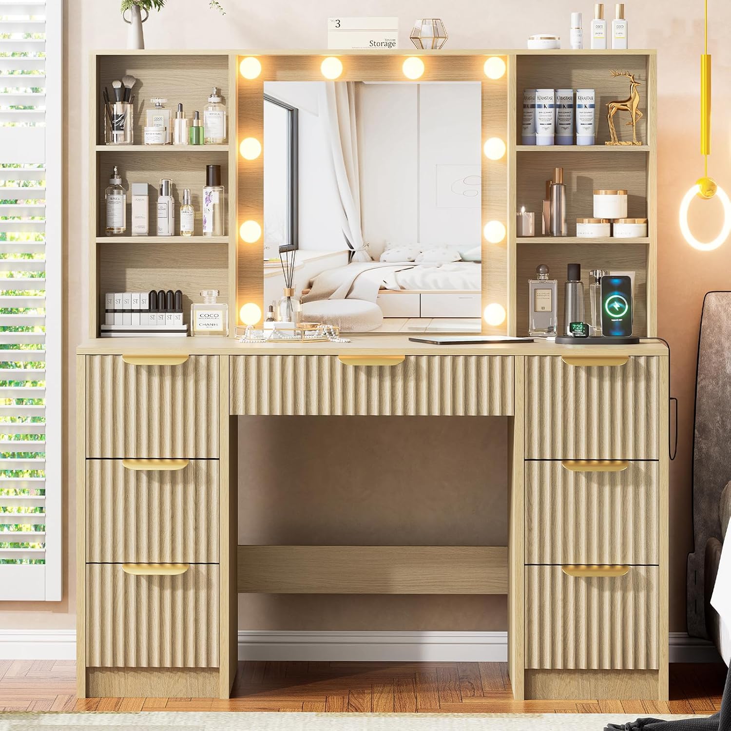 Fluted Vanity Desk with Mirror and 10 Adjustable LED Lights, Modern Makeup Desk with 7 Drawers & 6 Shelves, Dressing Table with Charging Station for Girls, Women, Bedroom, Natural Oak
