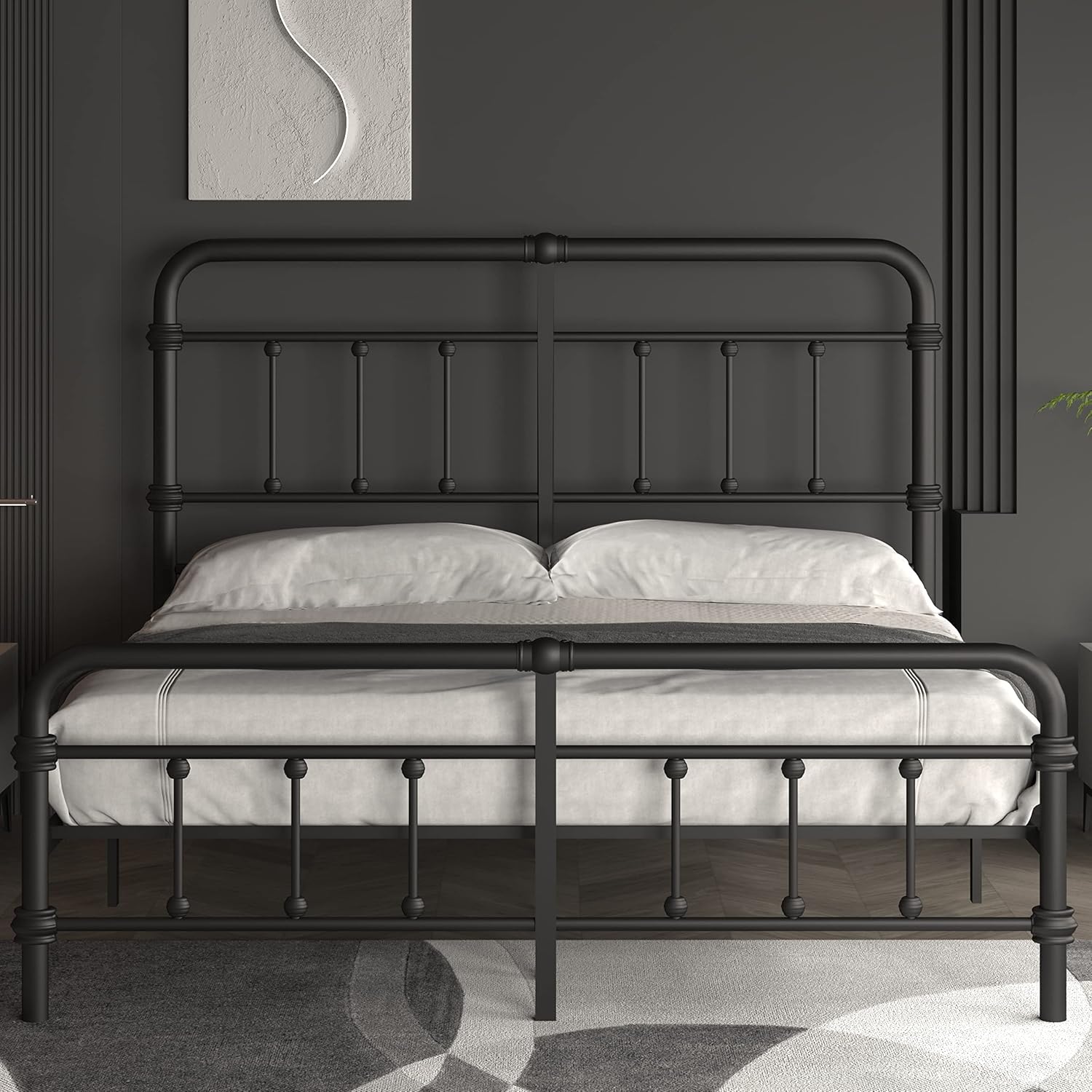 California-King-Bed-Frame-Metal-Platform Bed Frame with 49' High-Headboard - Solid Quite Easy Set Up Mattress Foundation No Box Spring Needed
