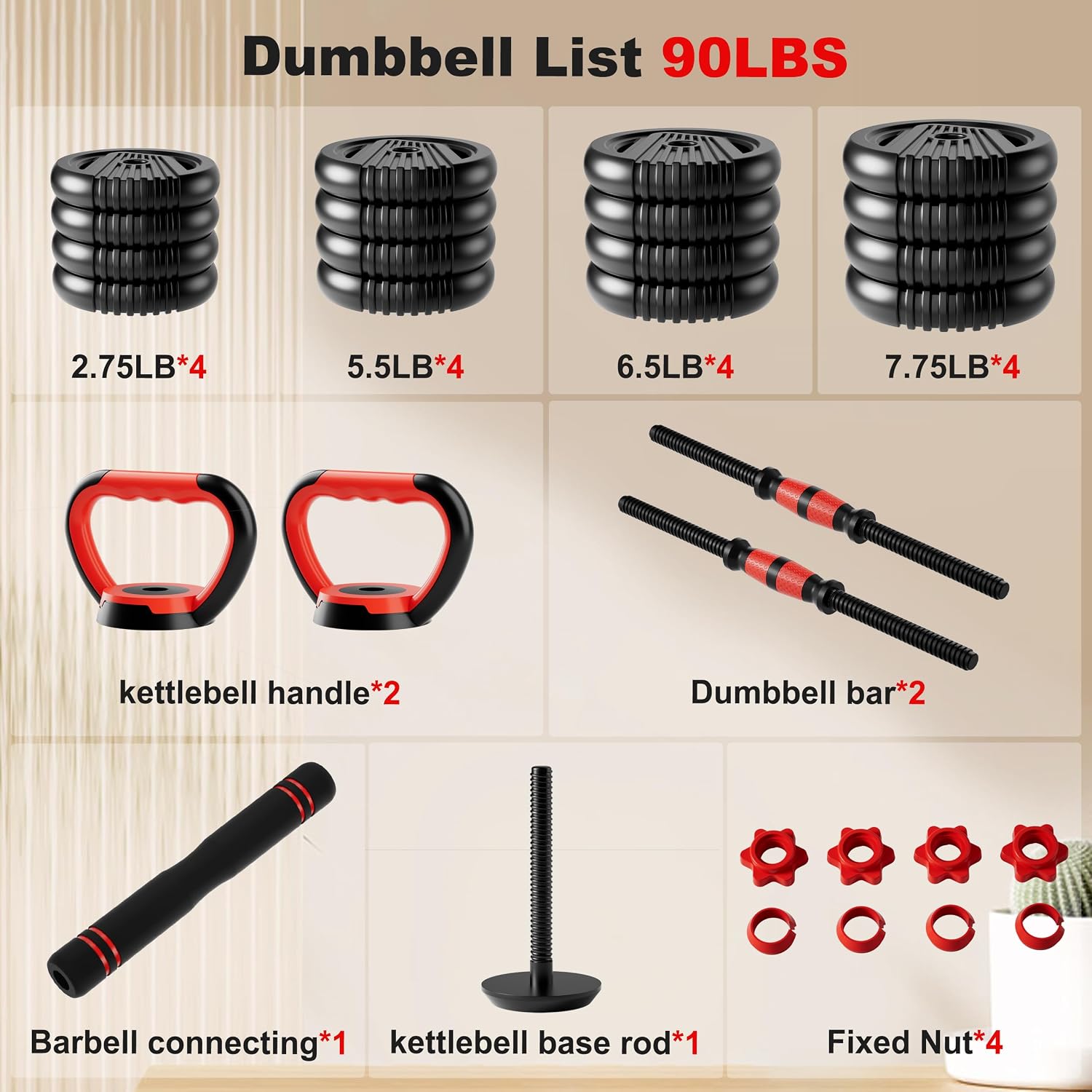 Adjustable Dumbbell Set, 10/20/30/45/70/90lbs Free Weight Set with Connector, 5 in1 Dumbbells Set Used as Barbell, Kettlebells, Push up Stand,Weight Plate, Fitness Exercises for Home Gym Suitable Men/Women