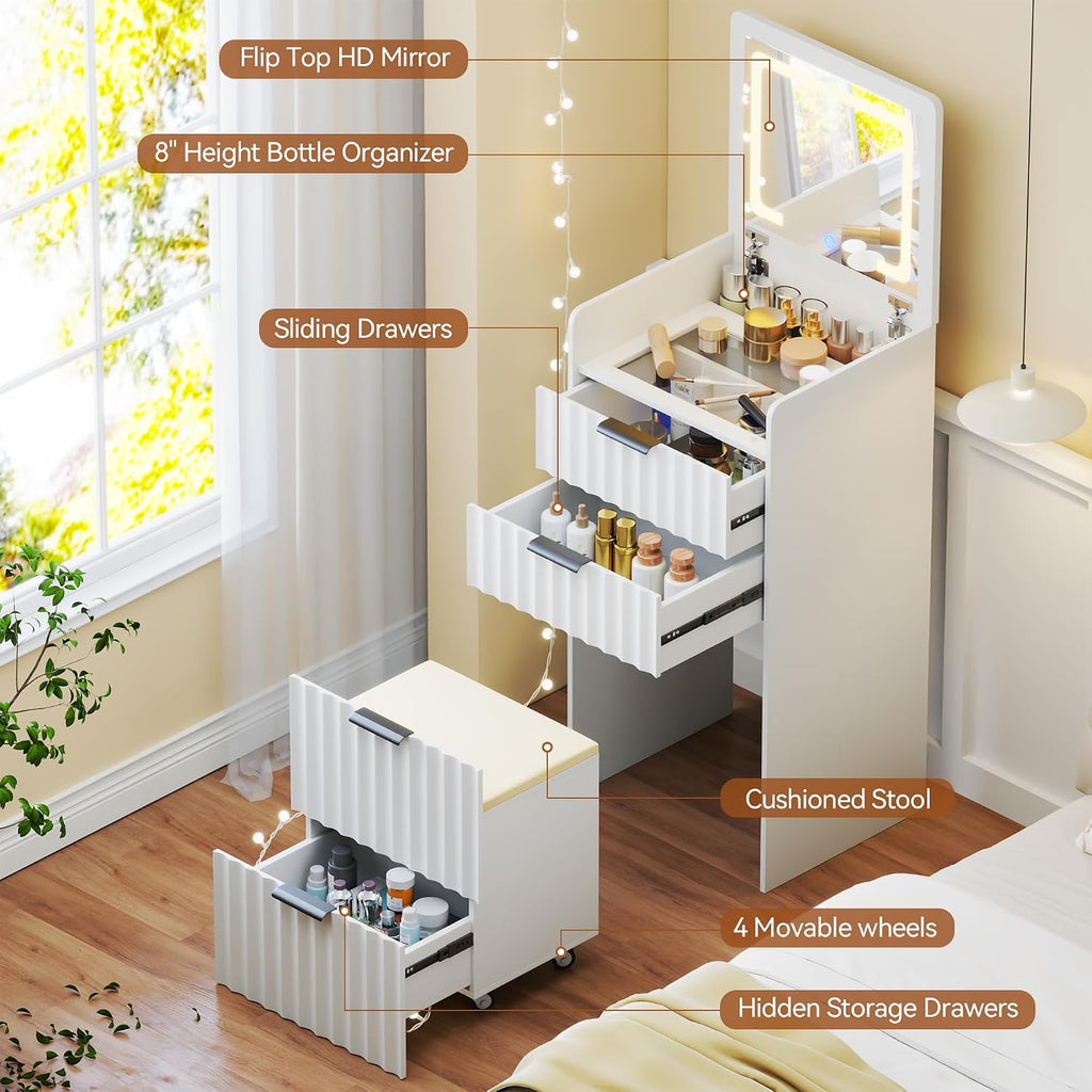 3-in-1 Small Vanity Desk with Flip Top Mirror and Lights,Fluted Compact Makeup Vanity with Storage Stool and Drawers,Mini Vanity Table Set for Bedroom Furniture,White