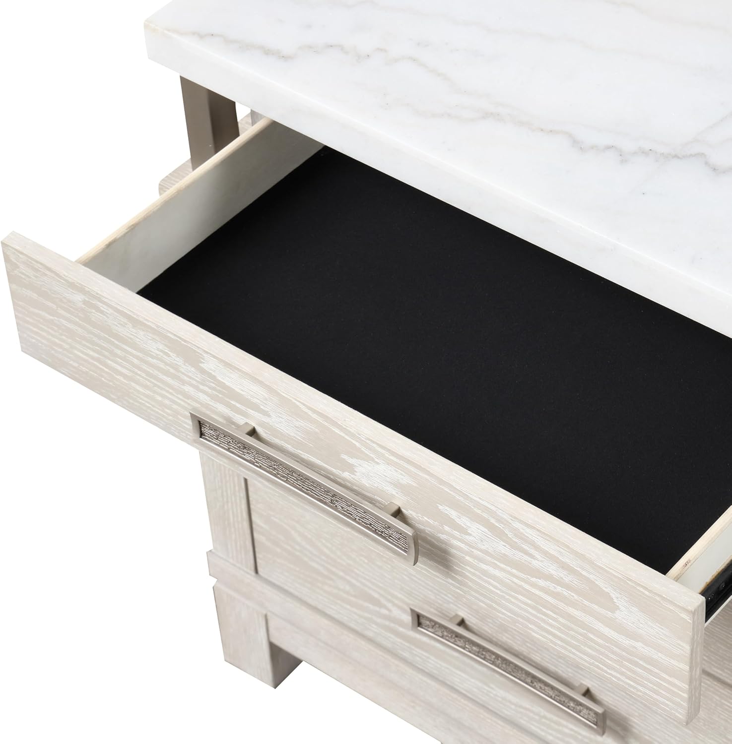 Furniture of America Bailer Modern Solid Wood 3-Piece Bedroom Set with LED on Headboard, Stainless Steal Posts and Marble Top on Nightstand, Box Spring Needed, Queen, Weathered Gray