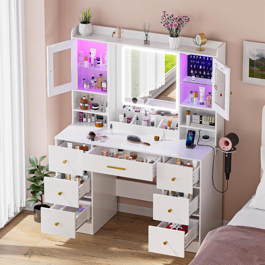 LAKEMID White Makeup Vanity Desk with Mirror and Lights,Make Up Vanity Table with Lighted Mirror 7 Drawers, Modern Vanity with Power Outlet RGB Cabinets,Dressing Table for Bedroom Women Girls