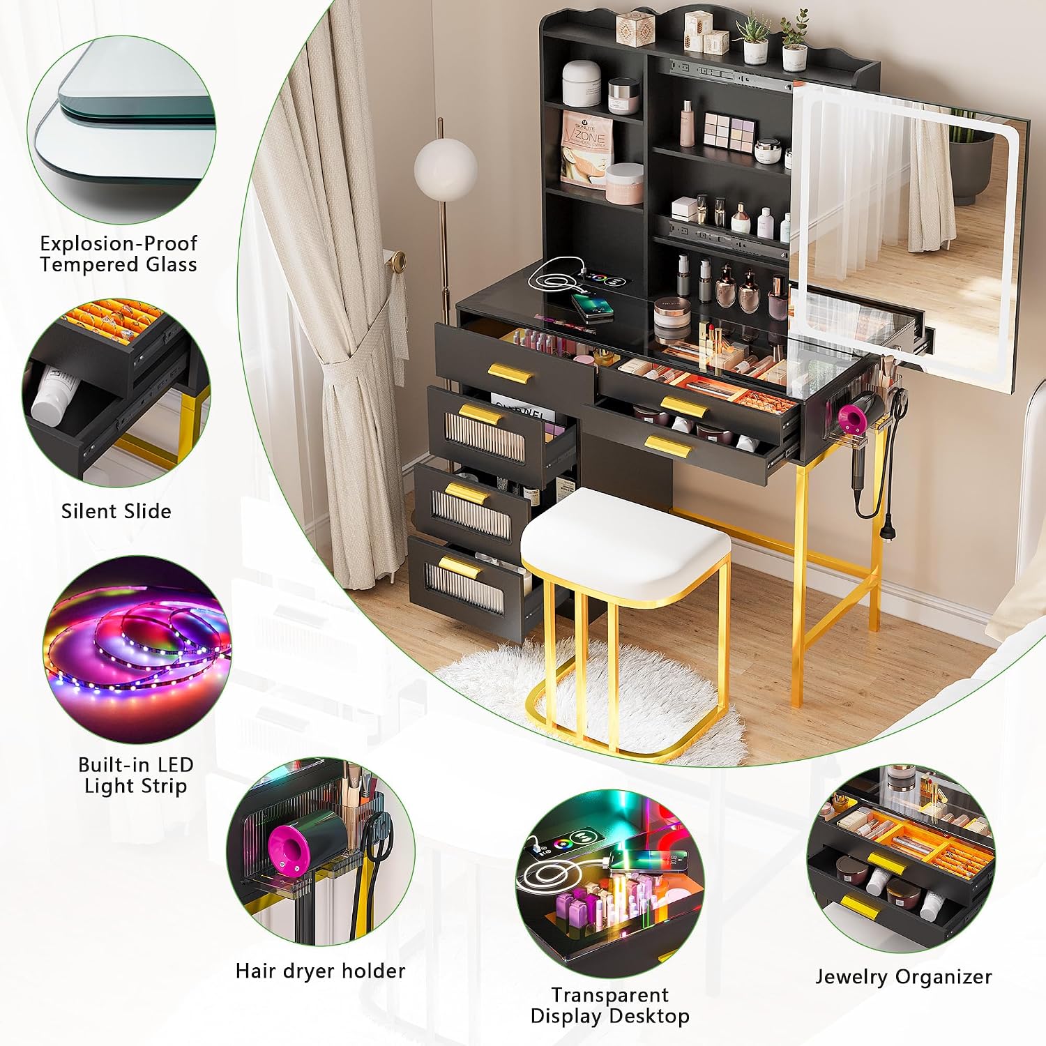 HENBC Vanity Desk with Sliding Mirror and Glass Desktop, LED Vanitys Mirror with RGB Lights Desk and Chair, Dressers Table Set with Charging Station/Makeup Organizer/6 Drawers for Bedroom(Black)