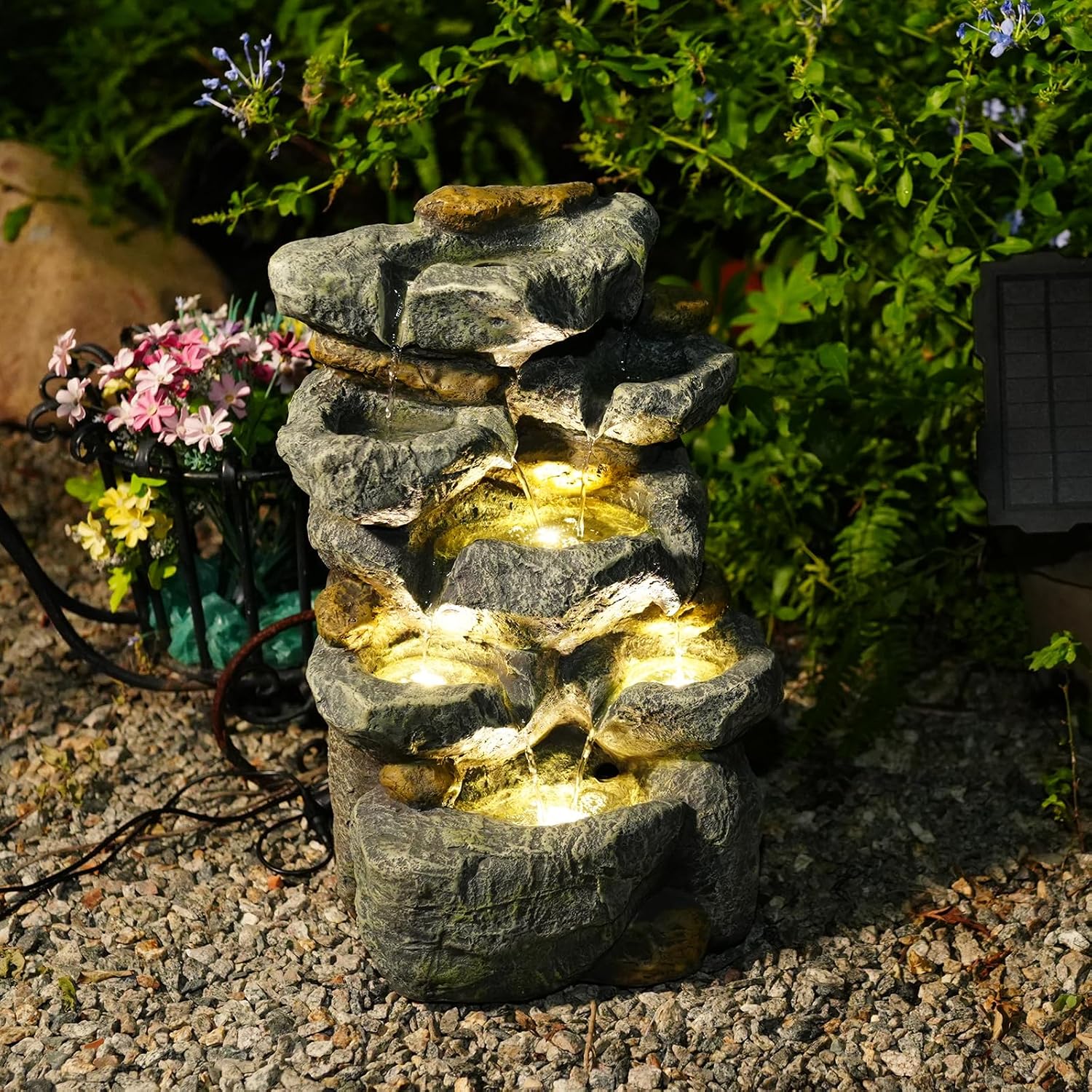 Solar Water Fountain Outdoor Garden, 19.3 Inch Cascading Stone Design 5 Tier Rock Feature Outdoor Fountains Waterfalls with Light, Pump Solar Panel for Patio, Deck, Porch, Backyard Home Décor
