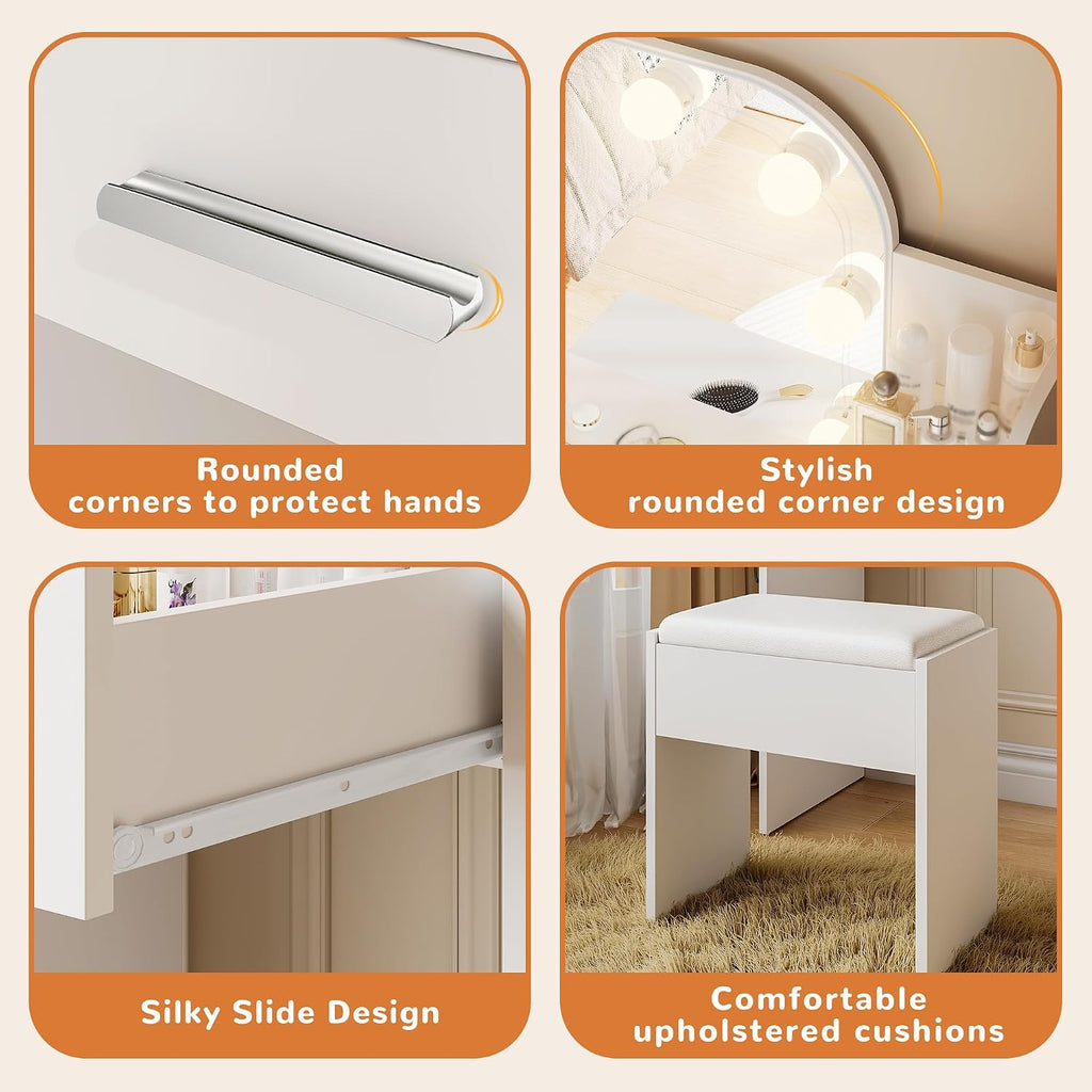 wanan Makeup Vanity with Chair, Small Vanity Desk with Mirror and Lights 3 Colors, Girls Vanity Set with Power Outlet, Compact Vanity Table for Small Space, White