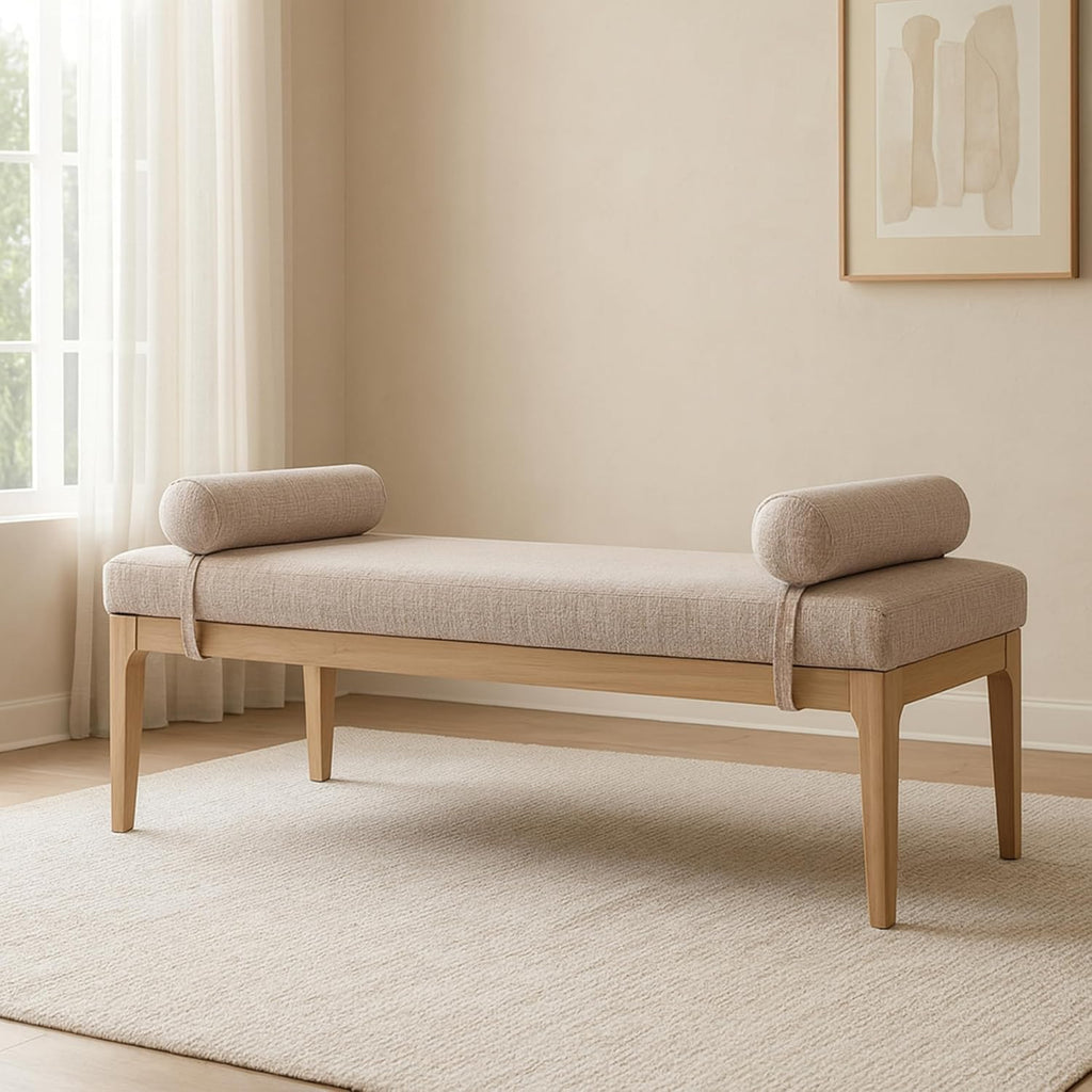 Meridian Furniture 22072Beige Priscilla Collection Art Deco Bench with Rich Linen Textured Interwoven Polyester Fabric, Light Brown and Cream Weave, Finished Solid Wood, 52' W x 22' D x 23.5' H, Beige