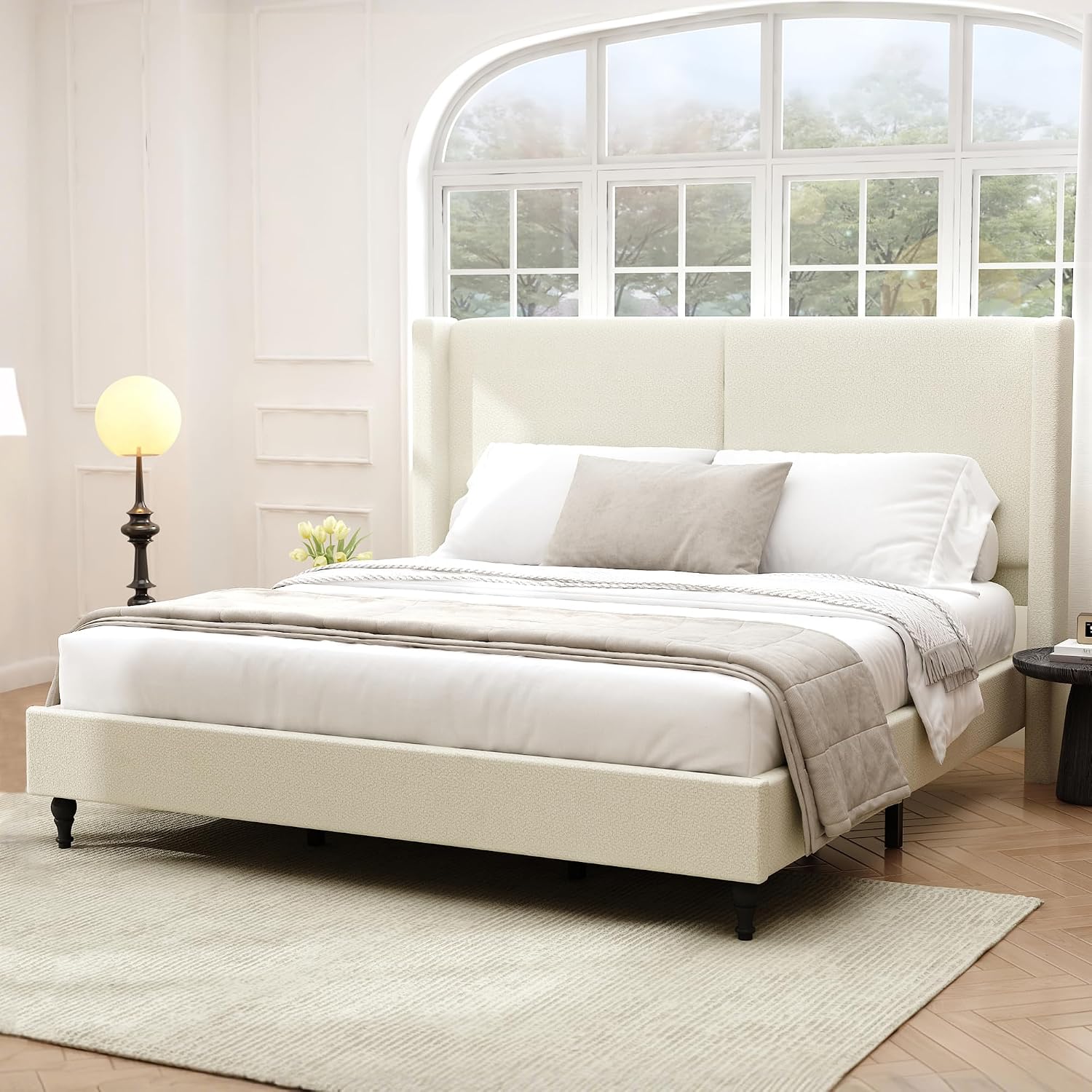 KEIKI King Size Boucle Platform Bed, Upholstered Metal Bed Frame with Tall Headboard, Wingback Solid Tufted Bedframe Queen-Size, Wood Slat Support, No Box Spring Needed, Easy Assembly, Beige