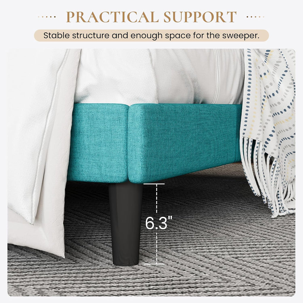 SHA CERLIN Upholstered Bed Frame King Size with Streamlined Wingback Headboard, Breathable Linen Fabric, Solid Wooden Slats, Easy Assembly, Blue