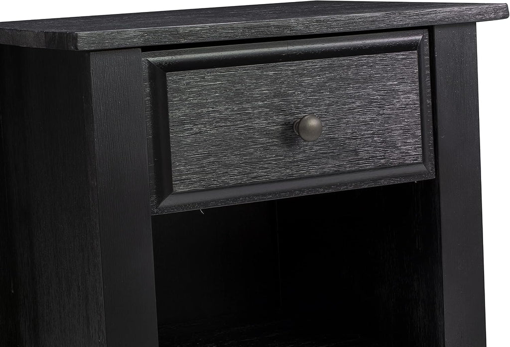 East West Furniture GB25K-1GA06 2-Pc Granbury Bed Set with Button Tufted Platform Bed and 1 Wire Brushed Black Mid Century Modern Nightstand - Dark Brown faux Leather with Black Texture and Black Legs